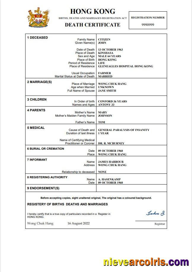 Hong Kong death certificate